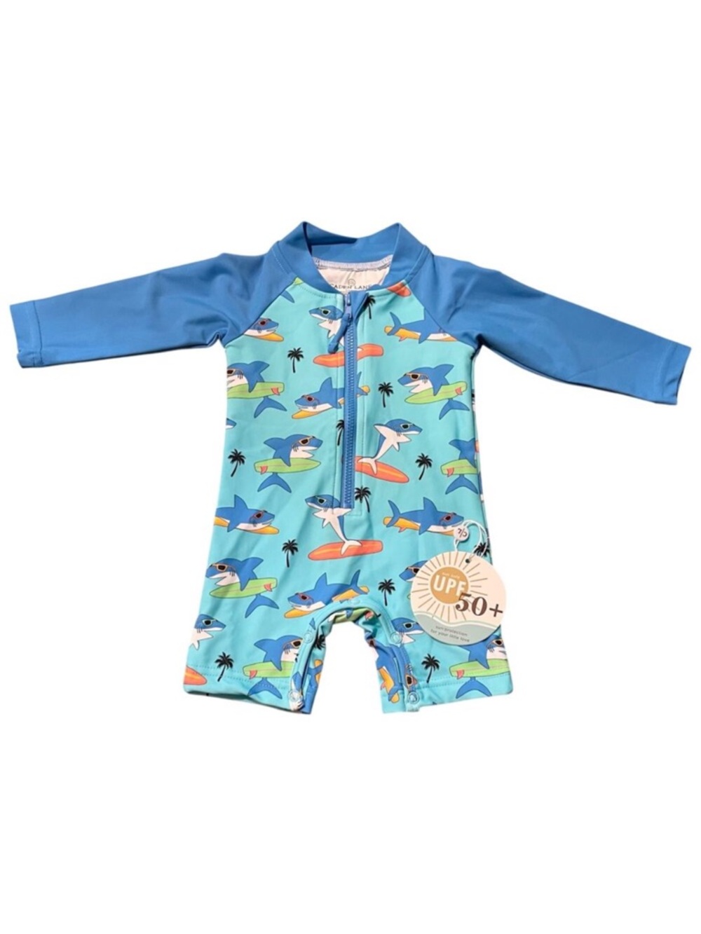 Caden Lane Long Sleeve Rash Guard Swim Romper Shortie Surfin Shark, 0-3 m, NWT